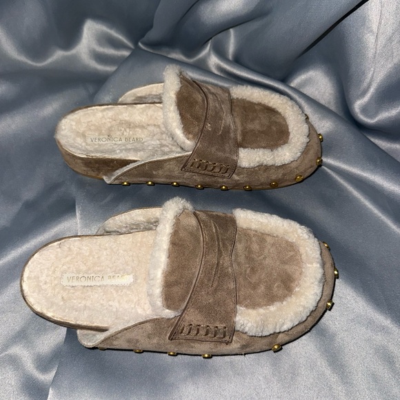 Veronica Beard Shoes - Veronica Beard Taupe Suede Shearling-Trim Studded Mule Slides